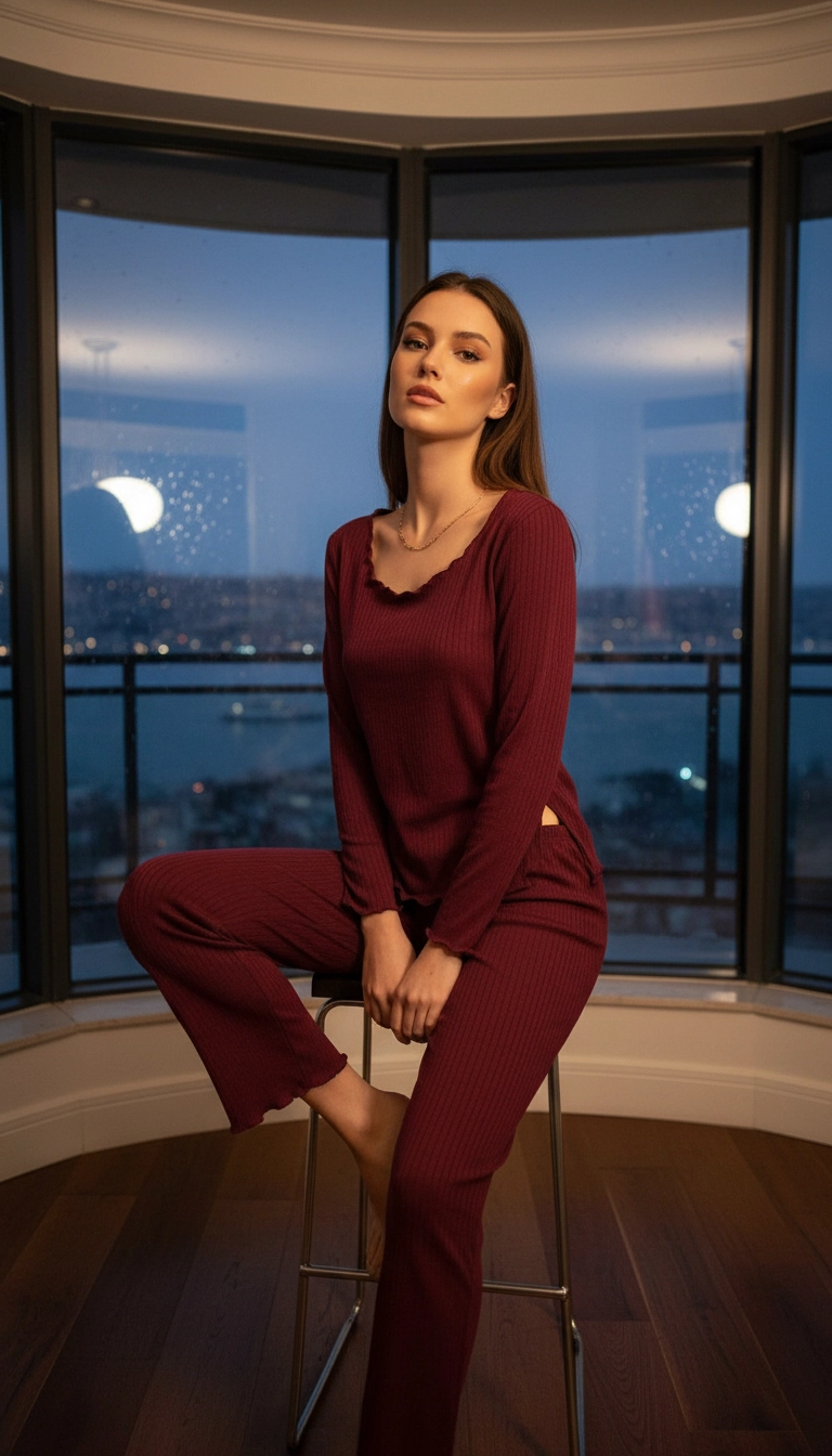 Açık Geniş Yakalı Pamuklu Kumaş Yırtmaçlı Pijama Takımı – Salaş Rahat Takım