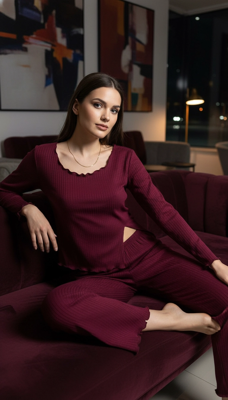 Açık Geniş Yakalı Pamuklu Kumaş Yırtmaçlı Pijama Takımı – Salaş Rahat Takım