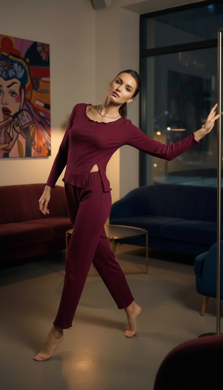 Açık Geniş Yakalı Pamuklu Kumaş Yırtmaçlı Pijama Takımı – Salaş Rahat Takım