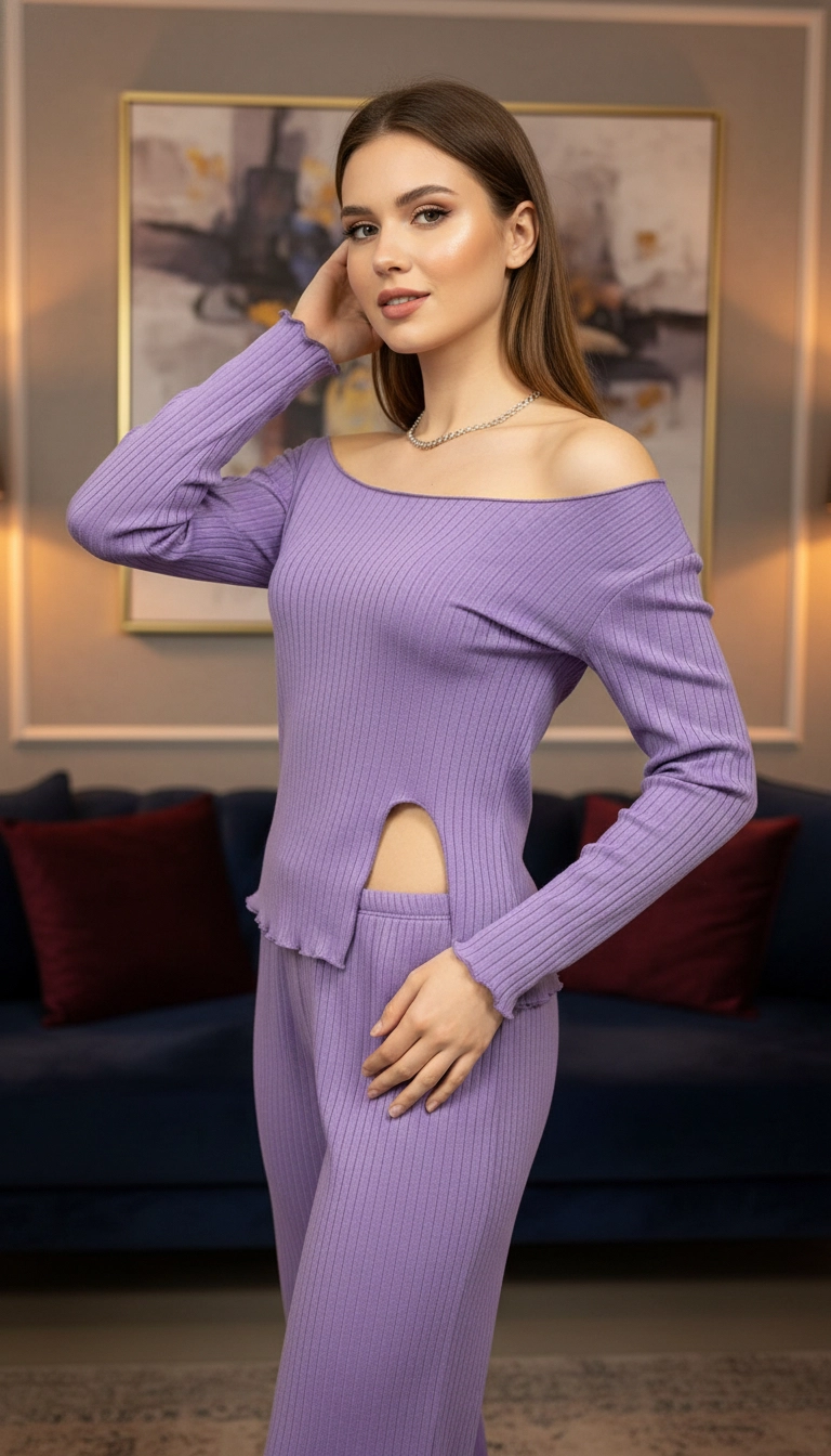 Açık Geniş Yakalı Pamuklu Kumaş Yırtmaçlı Pijama Takımı – Salaş Rahat Takım