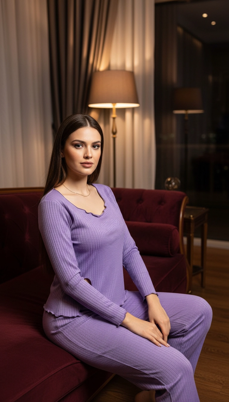 Açık Geniş Yakalı Pamuklu Kumaş Yırtmaçlı Pijama Takımı – Salaş Rahat Takım