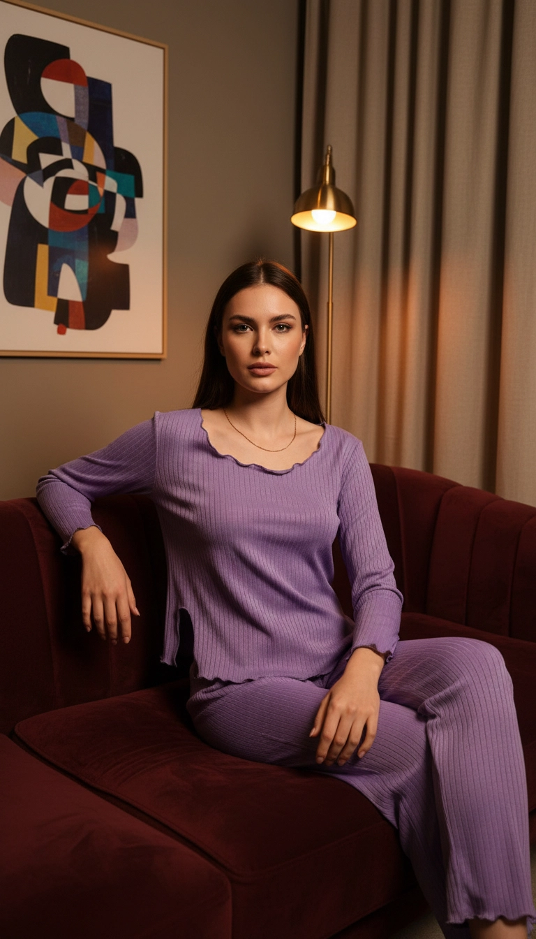 Açık Geniş Yakalı Pamuklu Kumaş Yırtmaçlı Pijama Takımı – Salaş Rahat Takım