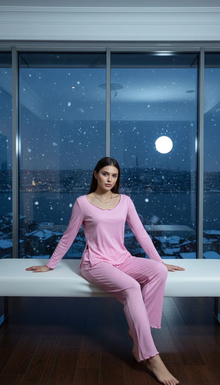 Açık Geniş Yakalı Pamuklu Kumaş Yırtmaçlı Pijama Takımı – Salaş Rahat Takım
