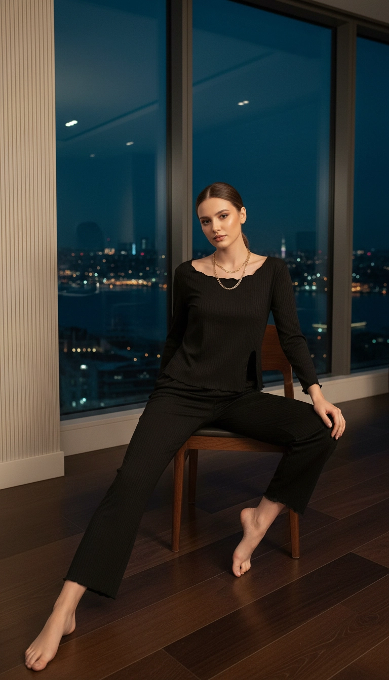 Açık Geniş Yakalı Pamuklu Kumaş Yırtmaçlı Pijama Takımı – Salaş Rahat Takım