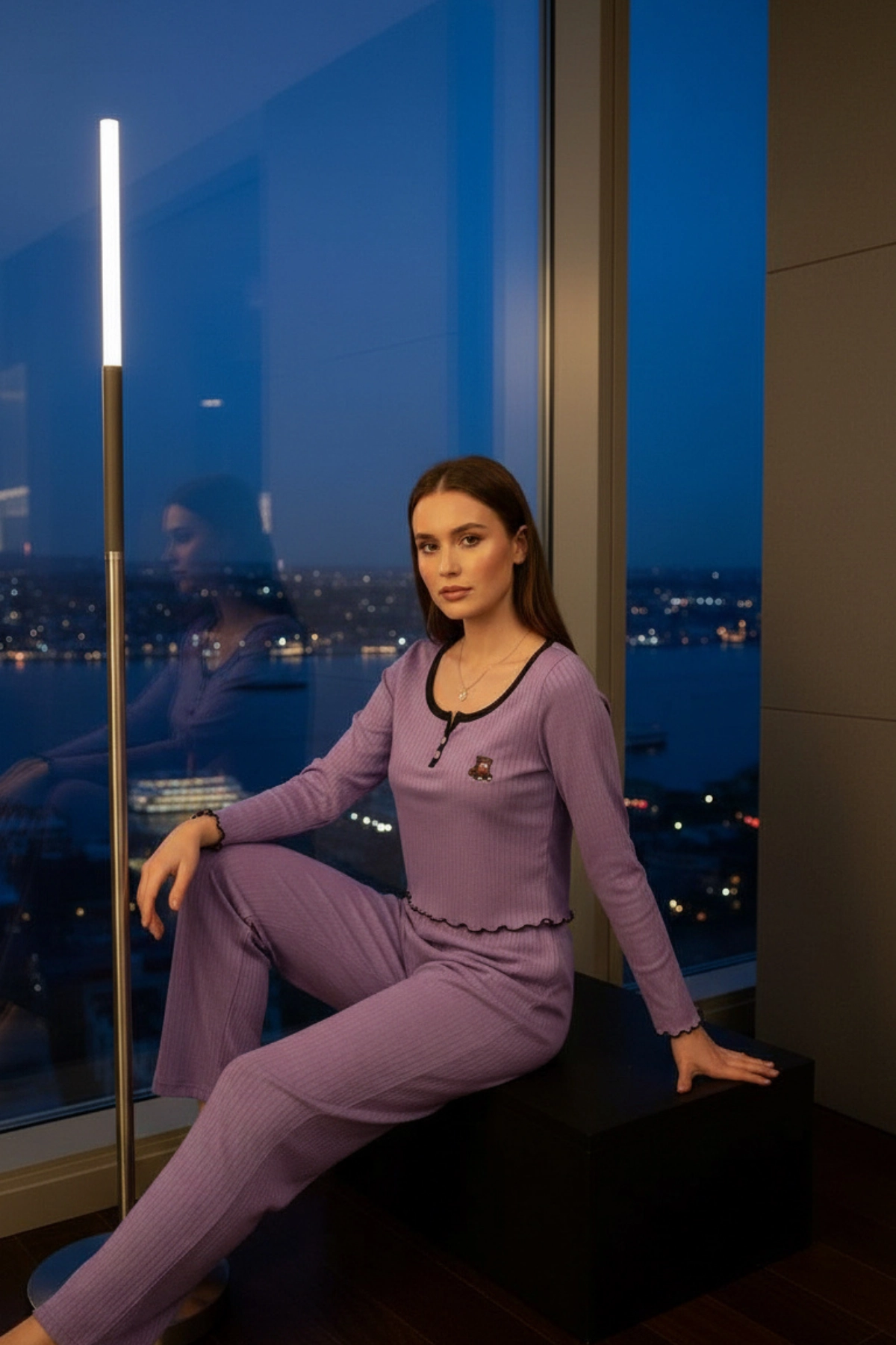Ayıcık Nakışlı Pamuklu Kaşkorse Crop ve Pantolon Takımı Premium Pijama Takımı