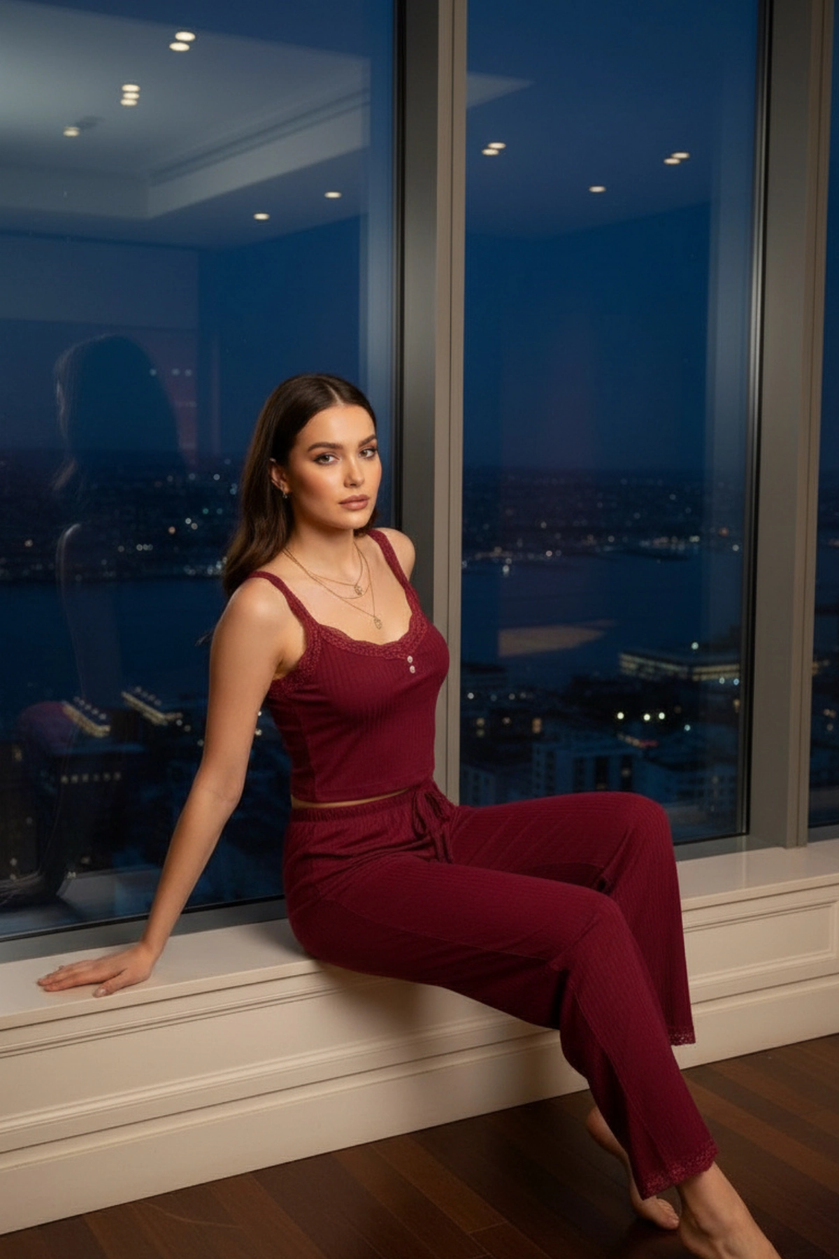 Dantelli Pamuklu Kaşkorse  Crop ve Pantolon Takımı Premium Pijama Takımı