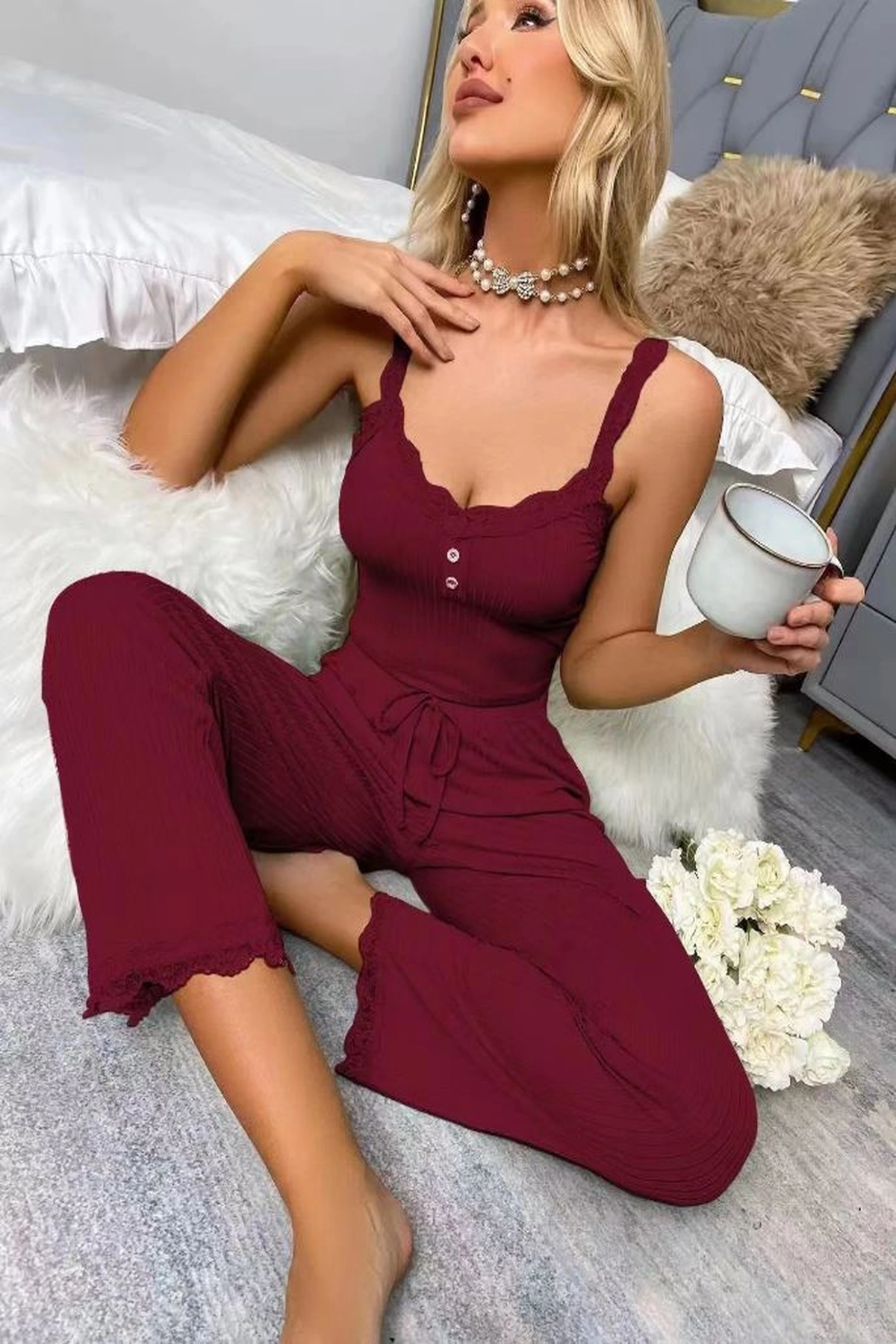 Dantelli Pamuklu Kaşkorse  Crop ve Pantolon Takımı Premium Pijama Takımı