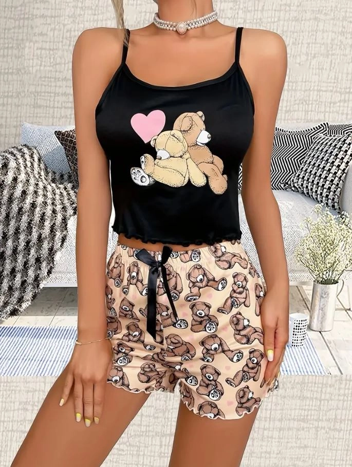 Çift Ayıcık Baskılı Askılı Şortlu Pijama Takımı
