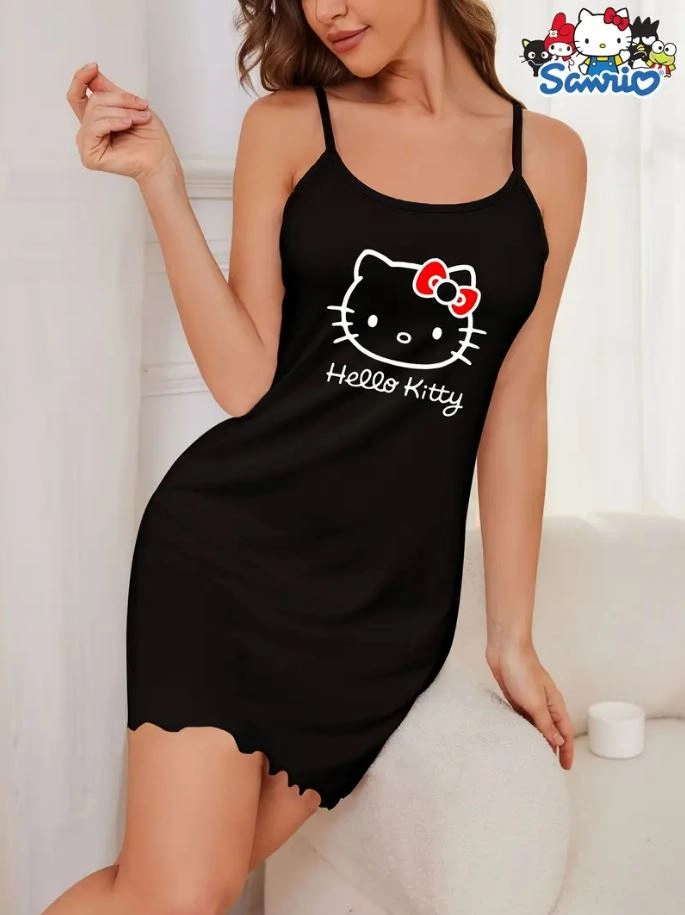 Hello Kitty Baskılı Askılı Siyah Gece Elbisesi - Yumuşacık Gecelik
