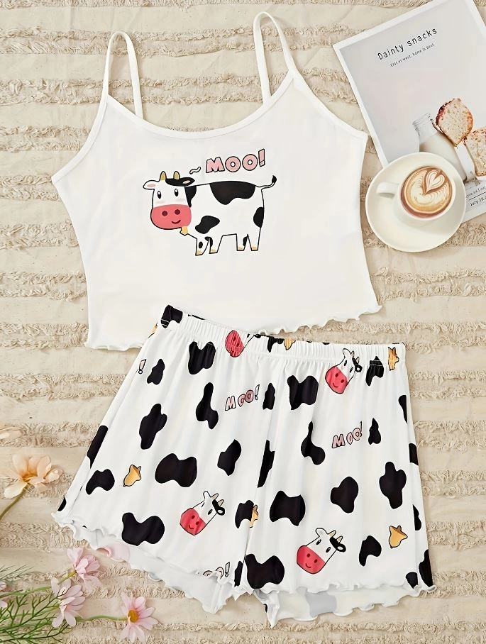 İnek Moo Baskılı Askılı Şortlu Pijama Takımı