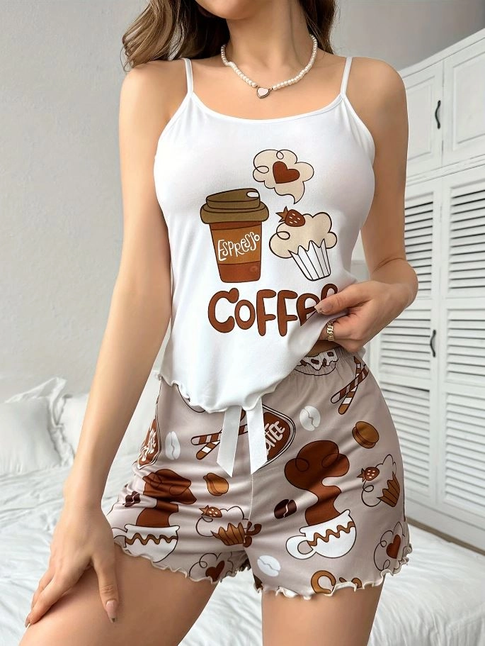 Kahve Baskılı Askılı Şortlu Pijama Takımı