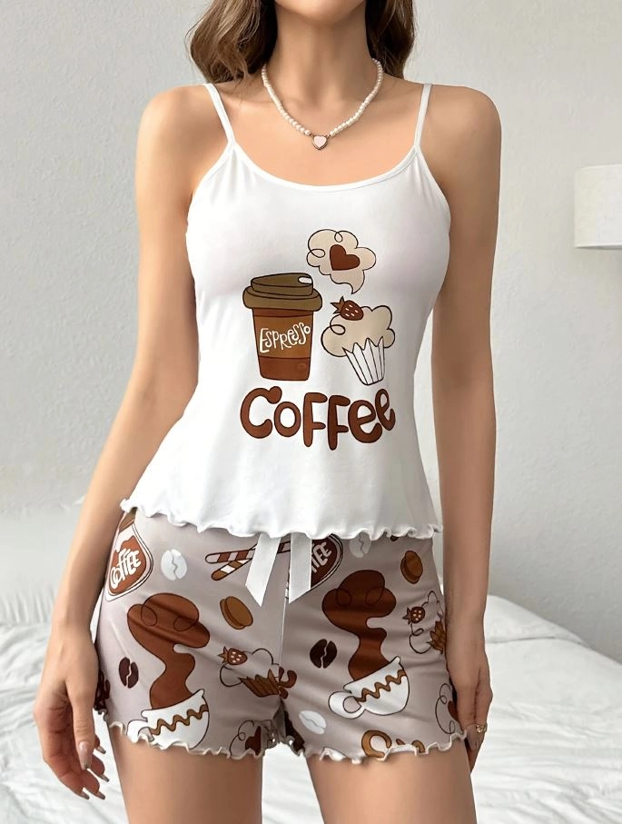 Kahve Baskılı Askılı Şortlu Pijama Takımı