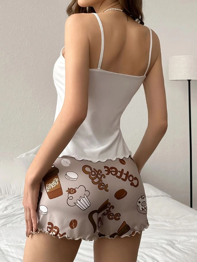 Kahve Baskılı Askılı Şortlu Pijama Takımı