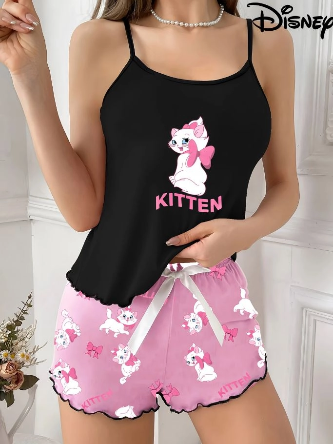Kitten Baskılı Askılı Şortlu Pijama Takımı