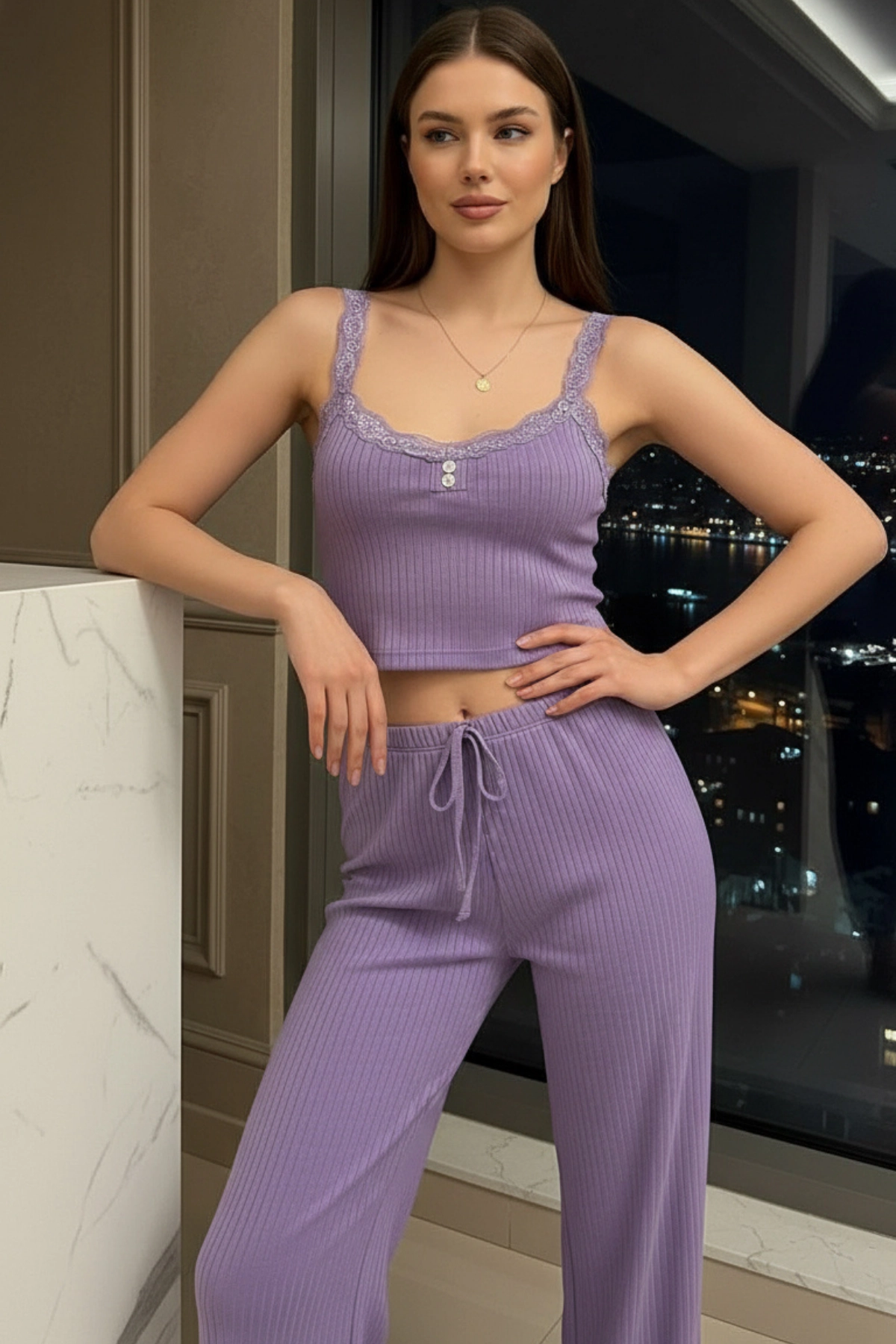 Dantelli Pamuklu Crop ve Pantolon Takımı Premium Pijama Takımı