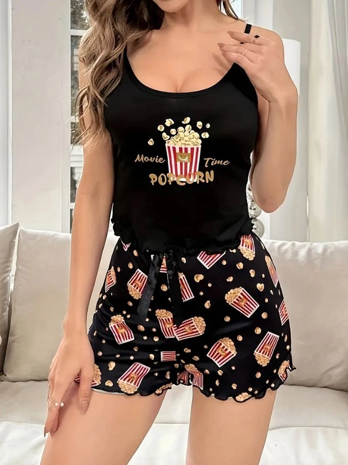 Pop Corn Baskılı Askılı Şortlu Pijama Takımı