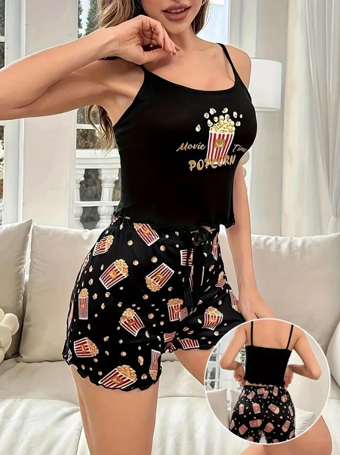Pop Corn Baskılı Askılı Şortlu Pijama Takımı