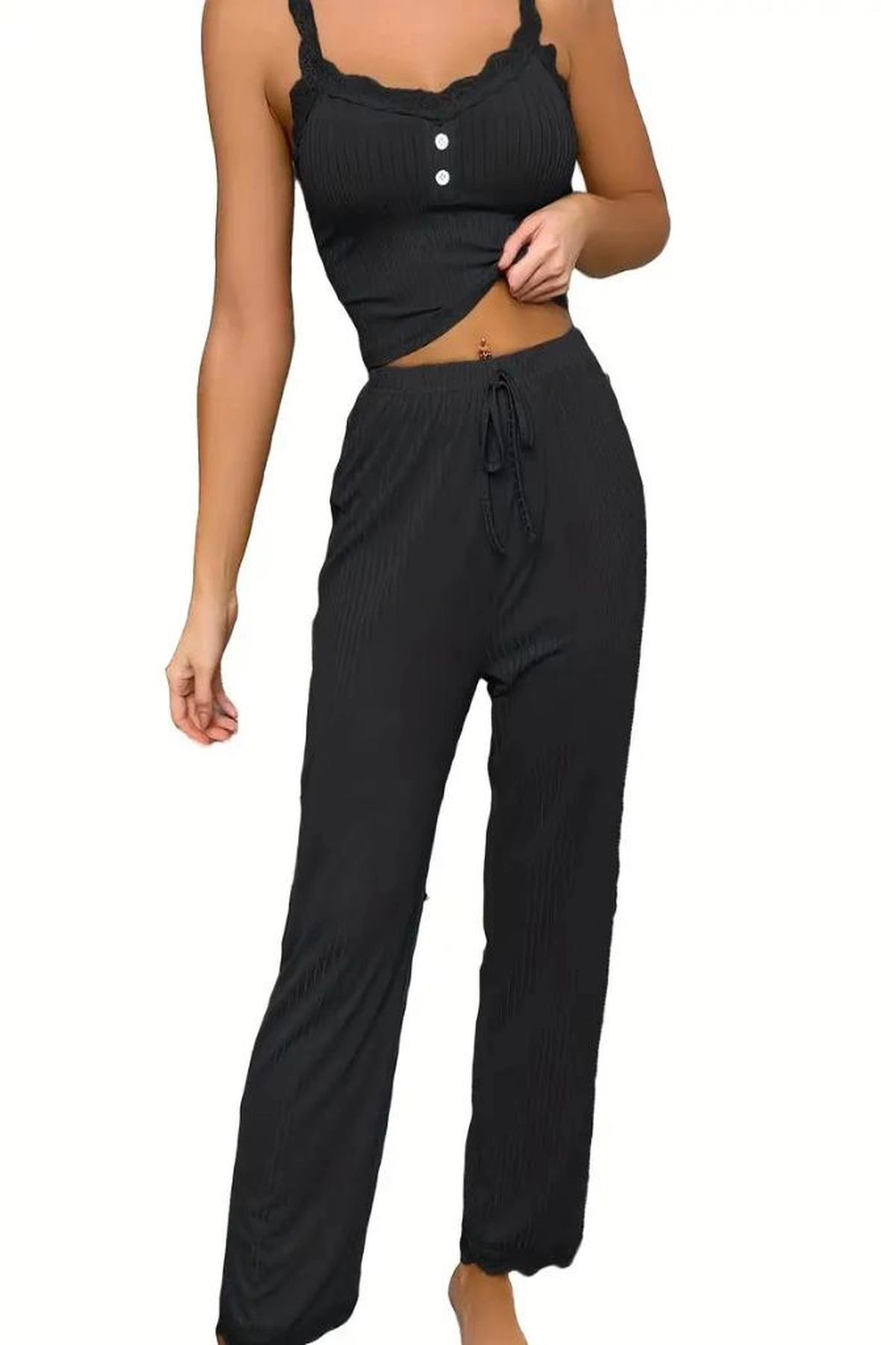 Dantelli Pamuklu Crop ve Pantolon Takımı Premium Pijama Takımı