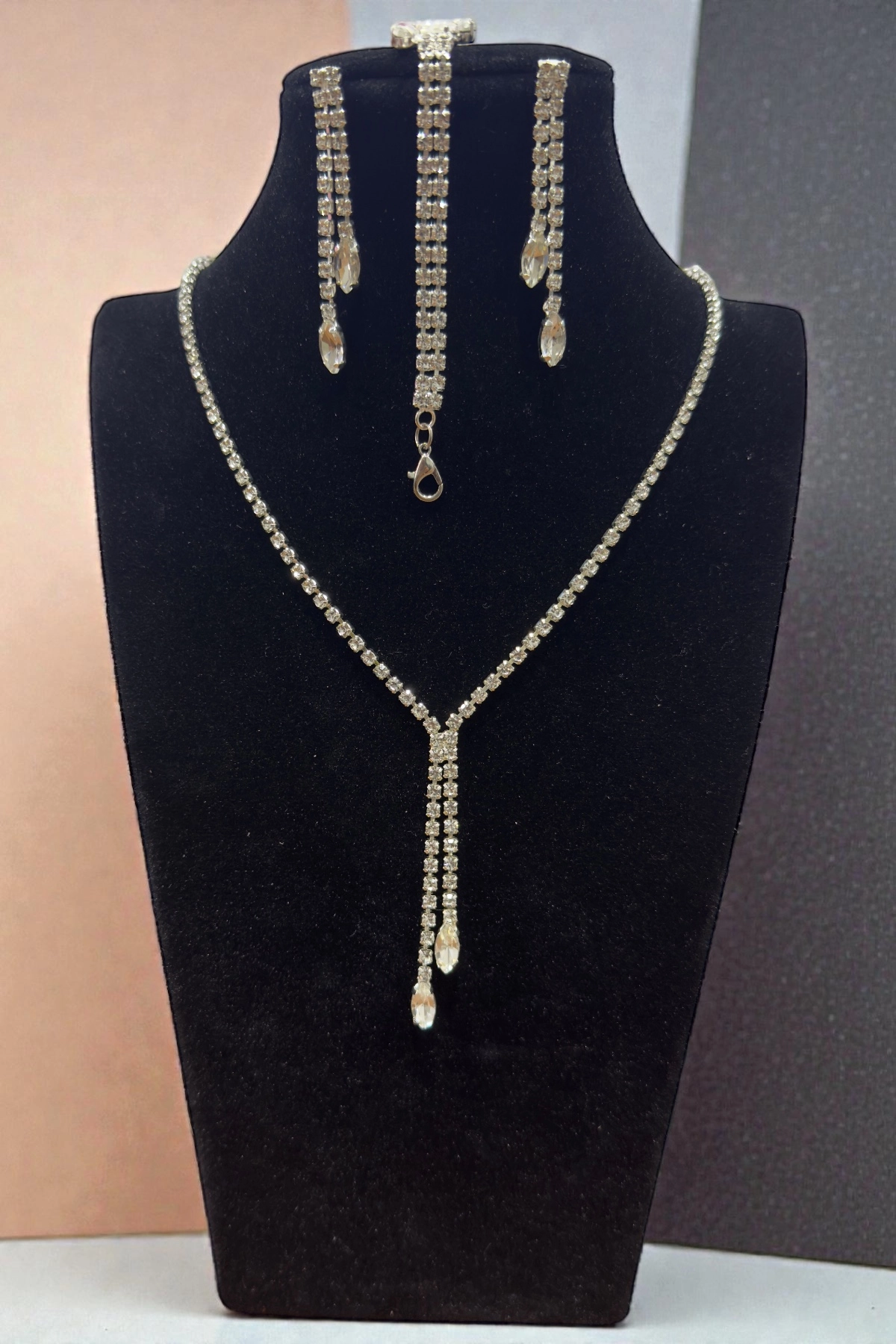 Zirkon Taşlı Rhinestone Su Yolu 3’lü Kolye Küpe Bileklik Takı Seti