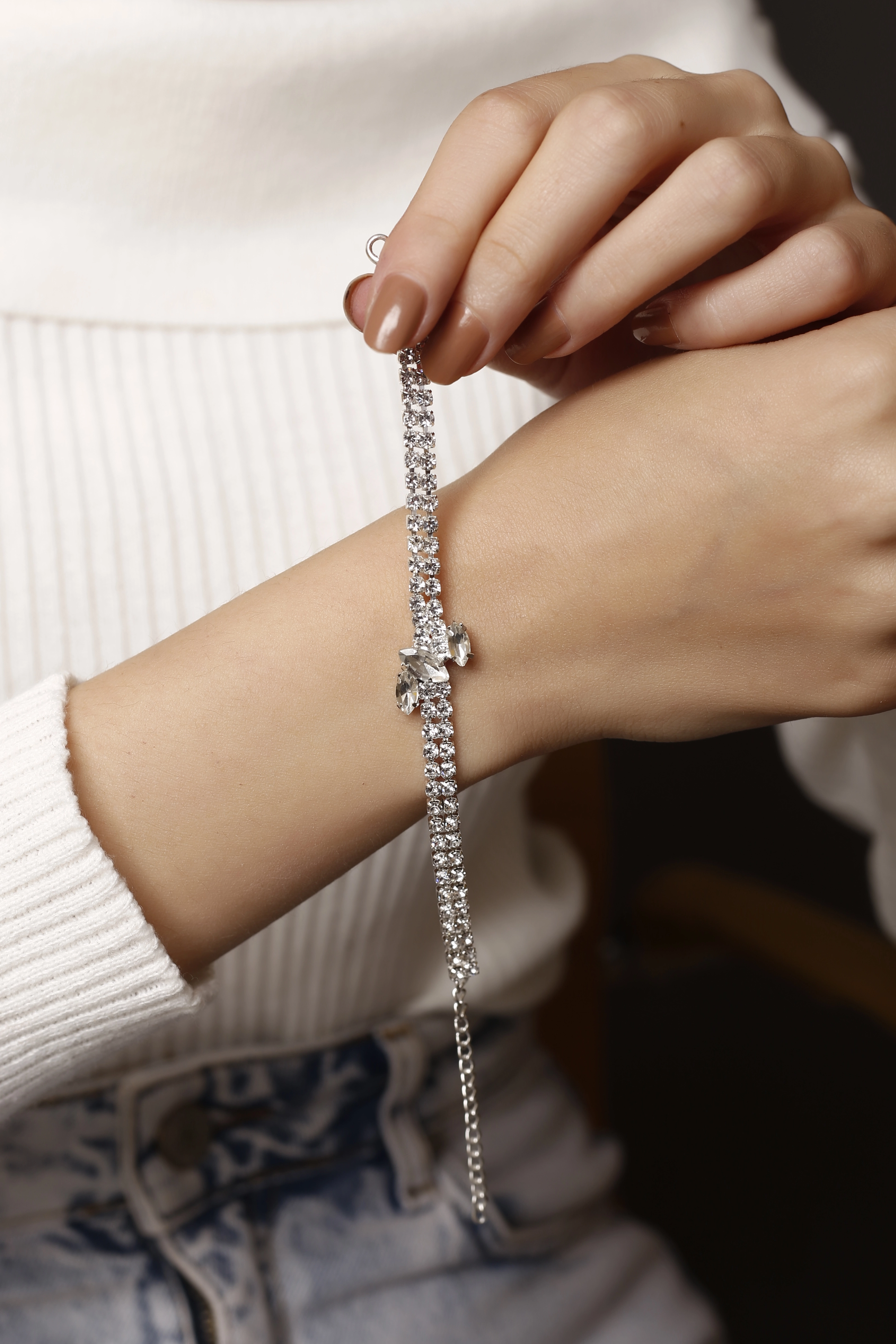 Zirkon Taşlı Rhinestone Su Yolu 3’lü Kolye Küpe Bileklik Takı Seti