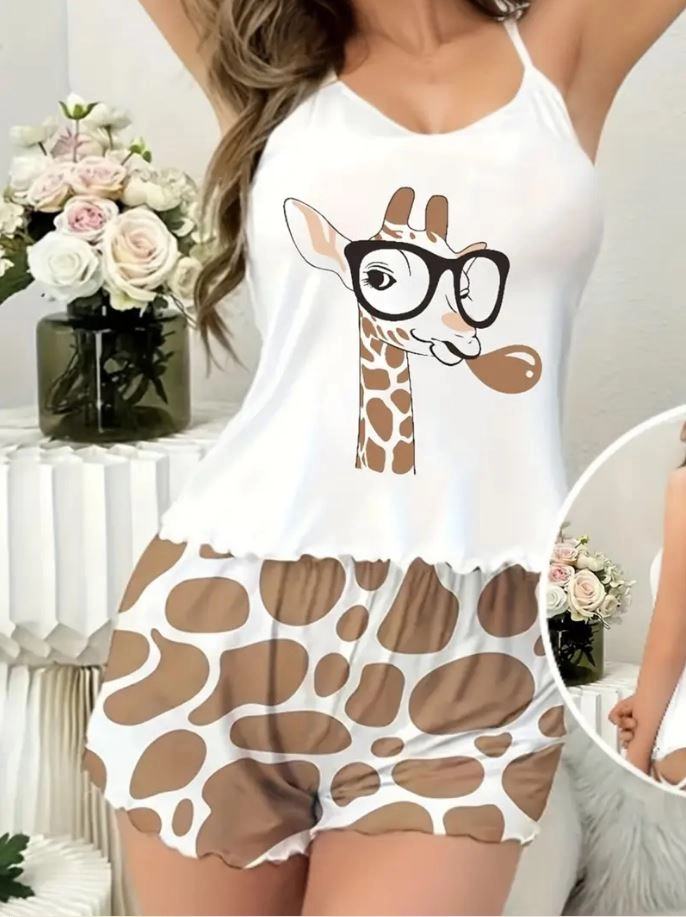 Zürafa Baskılı Askılı Şortlu Pijama Takımı